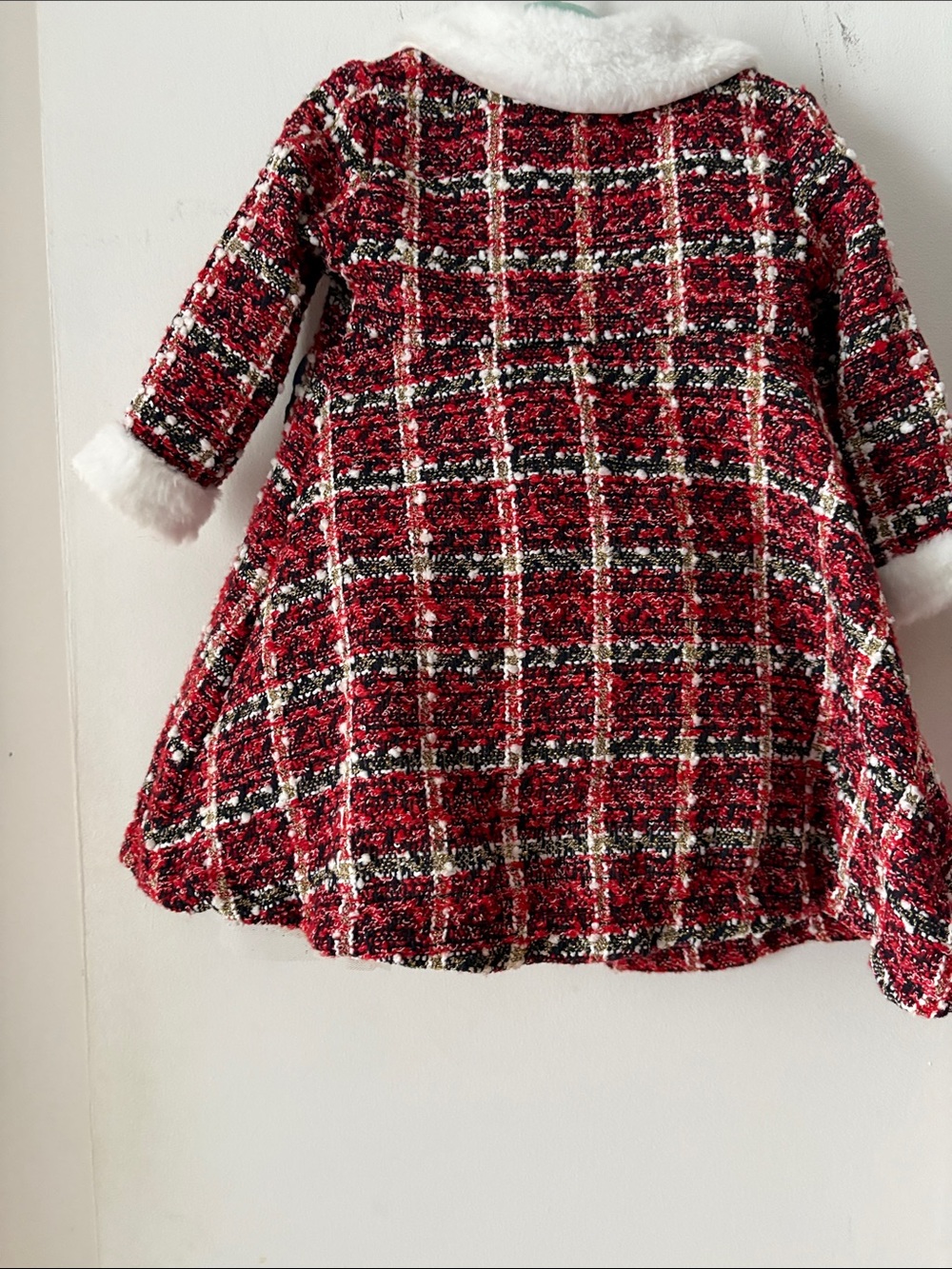 Blueberi Boulevard Red Plaid Tweed Coat with White Faux Fur Collar and Navy Bows - Picture 6 of 6